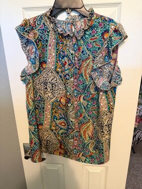 SHEIN Teal Multi Paisley Ruffle Cap-Sleeve Blouse